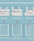 Diagram showing peanut lock instructions for Extra Wide Baby Gate 53.93 To 57.87 Inches Pressure Mounted Walk Through Swing Auto Close Triple Lock Safety Gate For Stairs Doorways Kitchen Great For Kids And Pets