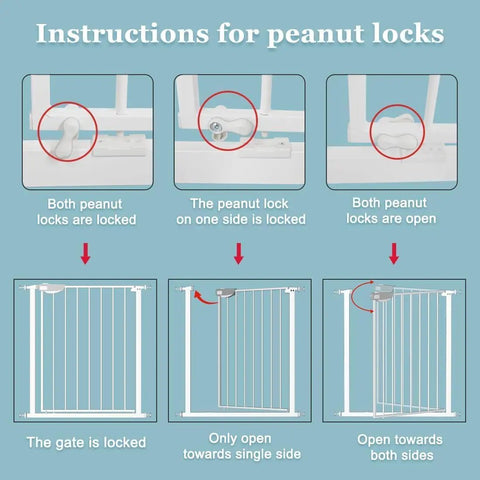 Diagram showing peanut lock instructions for Extra Wide Baby Gate 53.93 To 57.87 Inches Pressure Mounted Walk Through Swing Auto Close Triple Lock Safety Gate For Stairs Doorways Kitchen Great For Kids And Pets