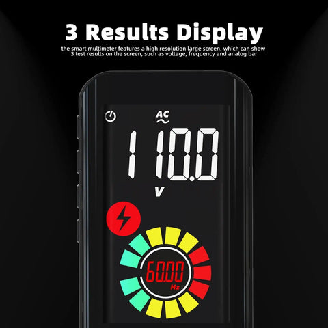 Rechargeable Pocket Digital Multimeter With Color LCD Display showing 3 result readouts for voltage, frequency, and duty cycle.