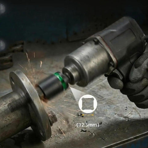 Rock Solid 10 Piece 1/2 Inch Drive Impact Socket Kit With Chromium Vanadium Steel Thick Walled Sockets From 10 To 24mm Perfect For Tough Tire Changing And Heavy Duty Equipment Repair Jobs. 12.5mm impact socket on wrench loosening a bolt