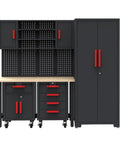 Six Piece Garage Storage Cabinet System With Steel Drawers, Rolling Chest, Heavy Duty Workbench, Pegboard, And Wall Cabinets