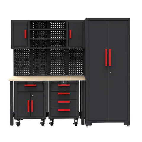Six Piece Garage Storage Cabinet System With Steel Drawers, Rolling Chest, Heavy Duty Workbench, Pegboard, And Wall Cabinets