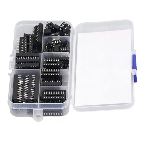 66Pcs Insulated IC Socket Kit 6P To 28P Flat Pin Sockets for PCB Boards in a plastic storage box