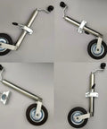 Heavy Duty Swivel Trailer Jack Wheel With Foldable 48mm Stand And Rustproof Galvanized Finish, side view with black wheel.
