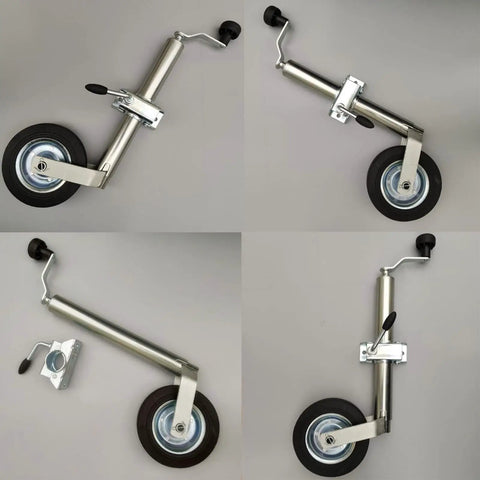Heavy Duty Swivel Trailer Jack Wheel With Foldable 48mm Stand And Rustproof Galvanized Finish, side view with black wheel.