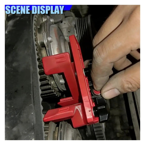 Professional Nine Piece Universal Dual Camshaft Locking Kit With Tight No Fuss Engine Timing Sprocket Alignment Bars For Rock Solid Twin Cam Repair Work Straight From The Garage being used to secure engine components.
