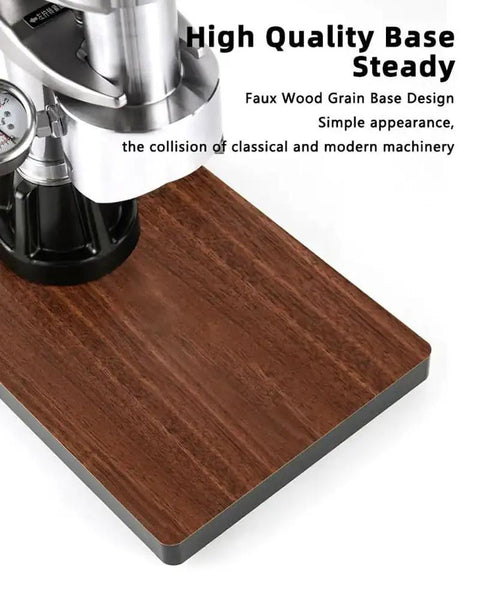 Manual Leverage Espresso Coffee Maker With 16 Bar Hand Pressure Pump Built From Tough 304 Stainless Steel on faux wood base.