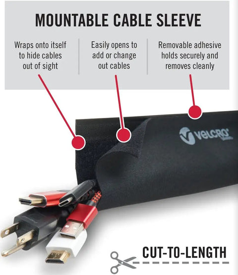 Mountable Cable Sleeve 12 Inch Black 2 Pack For Walls Desks And Entertainment Centers Cord Management With Removable Adhesive