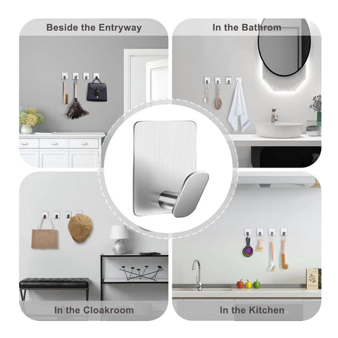 Adhesive Wall Hooks Set For Towels Robes Hats And Clothes Easy Stick On Bathroom And Kitchen Gear Heavy Duty No Drill SUS 304 Stainless Steel Waterproof And Rustproof Round Wide Back Design Four Pack displayed in bathroom, kitchen, entryway, and cloakroom settings