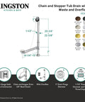 Heavy Hitting Brass Clawfoot Tub Waste And Overflow Drain Kit Featuring Vintage Pull Chain Stopper Assembly With Durable Polished Nickel Finish, including dimensions and features.