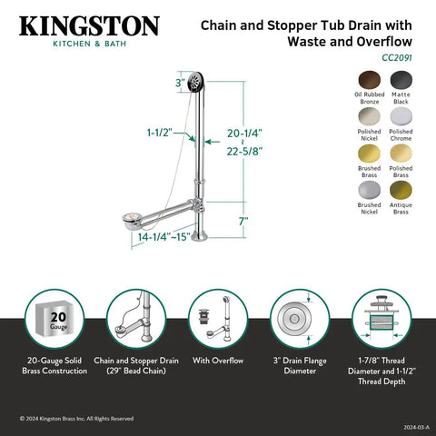 Heavy Hitting Brass Clawfoot Tub Waste And Overflow Drain Kit Featuring Vintage Pull Chain Stopper Assembly With Durable Polished Nickel Finish, including dimensions and features.
