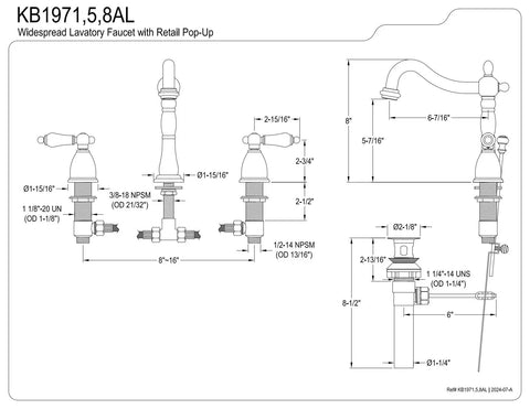 Technical diagram of Heritage Widespread Lavatory Faucet With Solid Brass Construction And Metal Lever Handle Heavy Duty Build Oil Rubbed Bronze Finish 8 To 16 Inch Adjustable Center Deck Mount Three Hole Installation 1.2 GPM At Sixty PSI Half Inch IPS Connection showcasing dimensions and specifications.