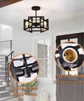 Semi Flush Mount Ceiling Light Fixture with metal frame in black, E26 bulb base showcased, installed in modern entryway