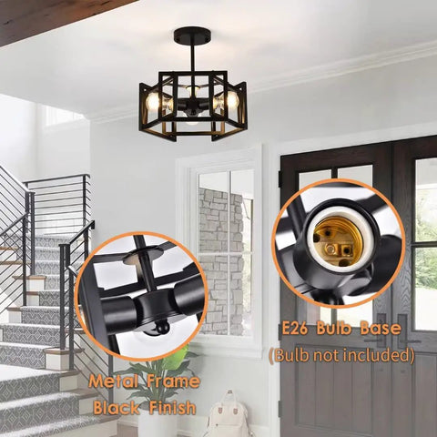 Semi Flush Mount Ceiling Light Fixture with metal frame in black, E26 bulb base showcased, installed in modern entryway