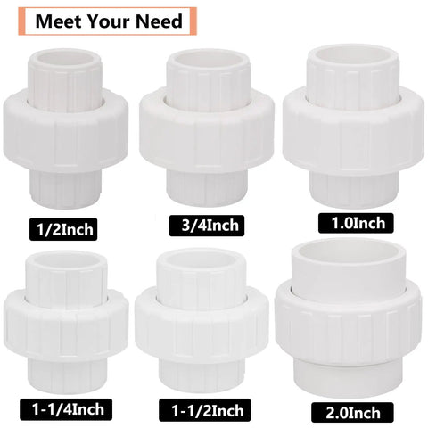 Six Pack Three Quarter Inch PVC Union Fittings Socket To Socket Slip On Couplings For Schedule 40 PVC Plumbing White With EPDM O Ring Easy Install Heavy Duty Frost Resistant Connector No Fuss of various sizes