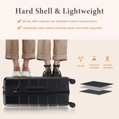 Hard-shell lightweight spinner carry on luggage showcasing durability with people standing on it for strength demonstration.