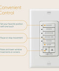 DecoFlex Wirefree RTS 5 Channel Wall Switch With Battery Pre Installed White Finish Lets You Control Up To Five Shades Blinds Or Curtains Including Button Labels And Mount showing labeled buttons and control features