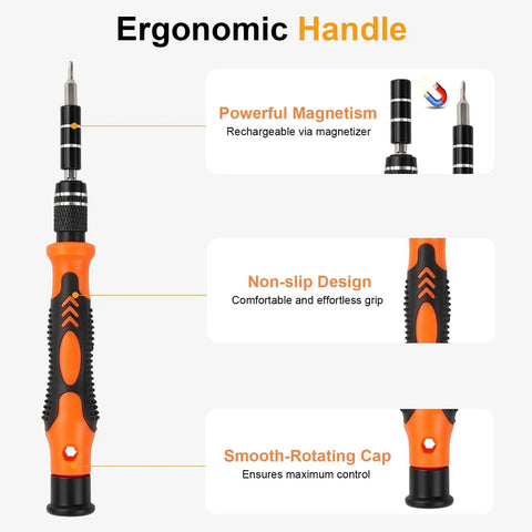 The Ultimate 115 In 1 Magnetic Precision Screwdriver Tool Kit For Electronics Repair With Torx Bits Flexible Shaft Driver Set Perfect Gifts for Guys Fixing Laptops Phones MacBooks PS5 Xbox Gaming Consoles Smartwatches And Eyewear ergonomic handle, non-slip grip