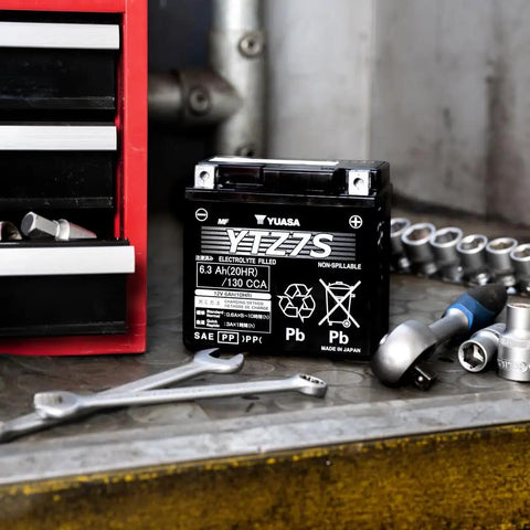 Factory Activated YTZ High Performance AGM Battery with Expanded Plate Grid on workbench, YUAM727ZS YTZ7S model for cruisers
