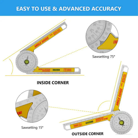 Job Site Ready Miter Saw Protractor And Angle Finder Ruler Featuring 360 Degree Gauge Scale showing sawsettings for corners.