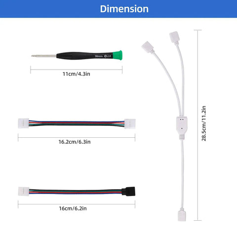 Dimensions and components of Easy Install 5050 RGB LED Strip Connector Kit With 4 Pin 10mm Connectors, Clips And Tools