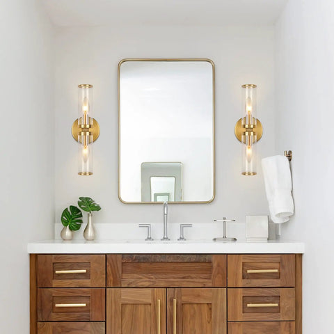 Gold Wall Sconce Lights Two Pack With Candle Shaped Glass Shades Brushed Brass Mid Century Vanity Wall Lamps For Mirror Bedroom Living Room Hallway And Bathroom Decor With Electroplated Gold Finish And Two Light Fixtures For A Lit Modern Home Vibe