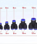 Push To Connect Hose Fittings Kit showing sizes 4mm to 12mm Y-shaped connectors for air water oil lines