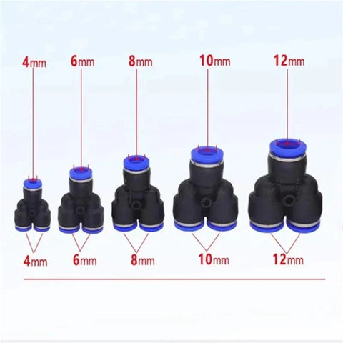 Push To Connect Hose Fittings Kit showing sizes 4mm to 12mm Y-shaped connectors for air water oil lines