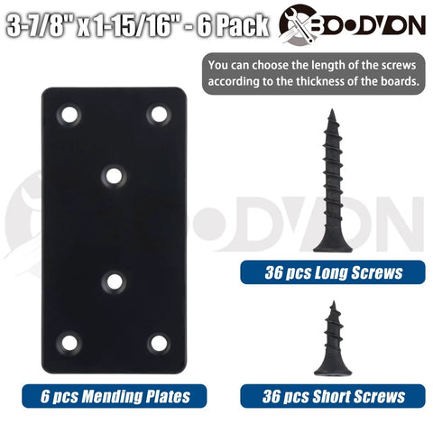 Heavy Duty Black Mending Plate For Wood Furniture Repair And Rock Solid Metal Brace Bracket With Rust Proof Finish and No Sweat Screw Set For Heavy Load Bearing Projects, 3-7/8" x 1-15/16", 6 pack.