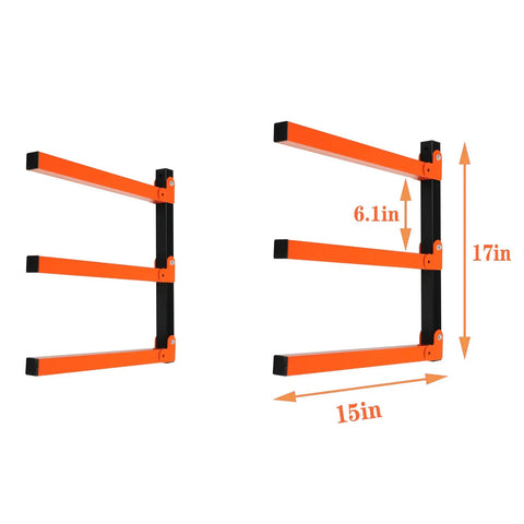 Beefy Heavy Duty Lumber Storage Rack Wall Mount Metal Organizer 3 Level Wood Storage System, steel dimensions illustrated, for garage use.