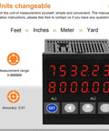 Rock Solid Rolling Wheel Length Measuring Tool With HD Digital Display showing measurement range and accuracy.
