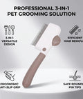 Check Out This Awesome Pet Grooming Kit With A Smooth Self Cleaning Deshedding Brush Rotating Knob And Multi Metal Comb For Fast Fur Removal On Long Or Short Haired Pups Without Any Mess. 3-in-1 pet grooming brush with metal comb, rotating knob, anti-slip grip