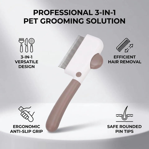 Check Out This Awesome Pet Grooming Kit With A Smooth Self Cleaning Deshedding Brush Rotating Knob And Multi Metal Comb For Fast Fur Removal On Long Or Short Haired Pups Without Any Mess. 3-in-1 pet grooming brush with metal comb, rotating knob, anti-slip grip