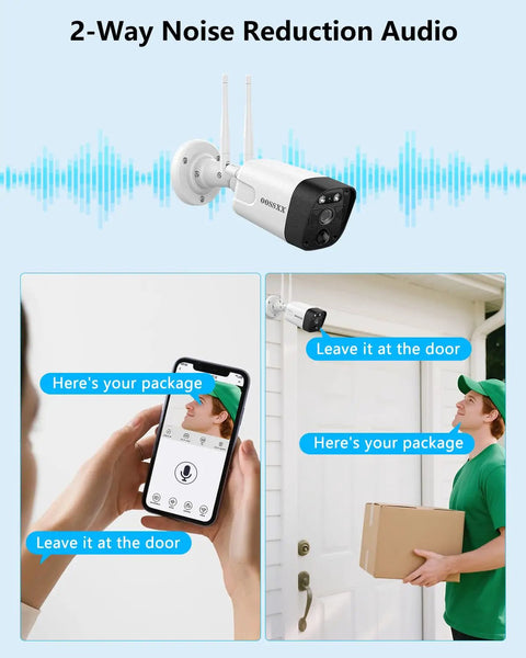 Outdoor Wireless Security Camera System With Built In Monitor And NVR Dual Antenna Cameras For 55 Percent Stronger Signal showing two-way audio feature
