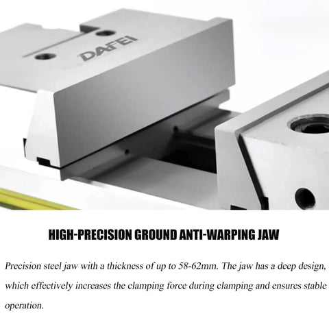 Close-up of Heavy Duty Six Inch Bench Vise Delivers Dead Nuts Accurate 0.005mm Precision With HRC62 Hardened Steel Jaw Grip for clamping.