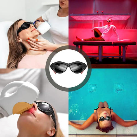 Heavy Duty Red Light Therapy Glasses Featuring Hella Solid Laser Protective Coating And Broad Spectrum Tanning Goggle Eye Defense in use during treatments.