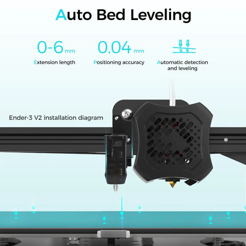 CR Touch Auto Leveling Sensor installed on Ender 3 V2, showing 0.04mm accuracy and automatic detection for high-quality prints.