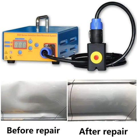 Paintless Dent Repair Kit For Auto Body And Car Dents Induction Heater Hotbox Tool showing before and after dent repair.