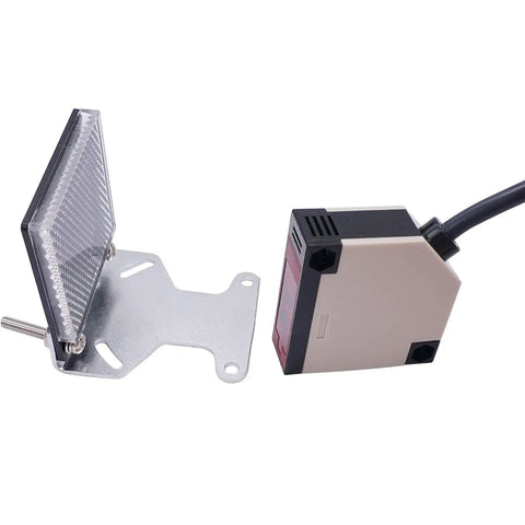 Indoor Wall Mounted Photoelectric Beam Sensor E3JK-R4M1 with 2M cable next to reflector panel and metal bracket for installation