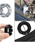 Portable Bicycle Spoke Wrench Set 7 Piece Kit With 8 Way Rim Truing Tool close-up of steel spoke wrenches in use on bike wheel