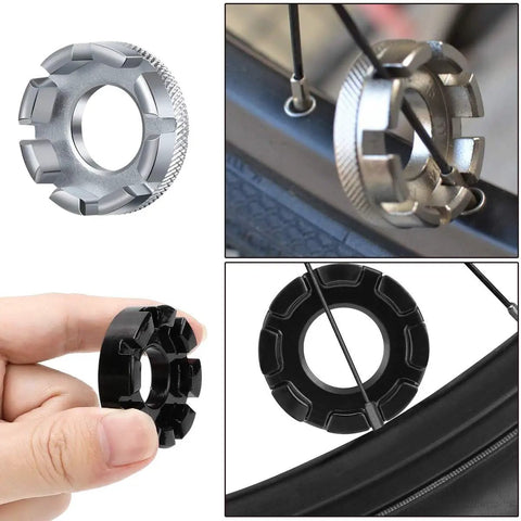 Portable Bicycle Spoke Wrench Set 7 Piece Kit With 8 Way Rim Truing Tool close-up of steel spoke wrenches in use on bike wheel
