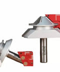 Pro Grade Four Piece Router Bit And Setup Jig Kit For Flawless Lock Miter Joints showing micrograin carbide bits and aluminum jig.