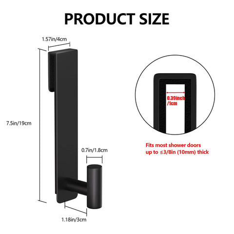 Product size diagram of stainless steel over the door shower hooks for frameless glass doors 7.5 inch extended T shape towel hanger.