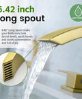 Brushed Gold Bathroom Sink Faucet 3 Hole Widespread Waterfall Basin Faucet With Pop Up Drain No Fuss Vanity Lavatory Faucet Solid Brass Construction Corrosion Resistant Easy Install shown with 6.42-inch spout.