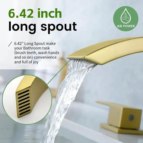 Brushed Gold Bathroom Sink Faucet 3 Hole Widespread Waterfall Basin Faucet With Pop Up Drain No Fuss Vanity Lavatory Faucet Solid Brass Construction Corrosion Resistant Easy Install shown with 6.42-inch spout.