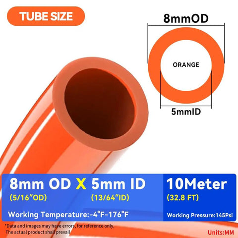 Orange Polyurethane PU Air Hose Tubing 8mm Outer Diameter 5mm Inner Diameter