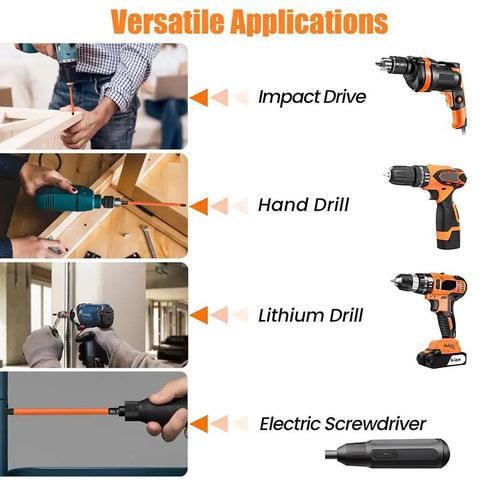 Versatile applications of 13-Piece Torx Bit Set For Impact Driver S2 Steel Magnetic Bits with various drills and electric screwdriver