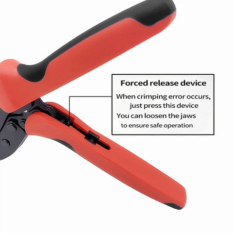Close-up of Beefy Pro Grade Spark Plug Wire Crimp Tool With Ratchet Pliers showing forced release device for safe operation.