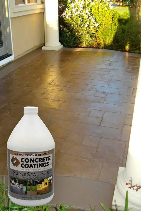 Water Based Acrylic Concrete Sealer With Glossy Wet Look Finish 1 Gallon UV Stable Ideal For Decorative Indoor Concrete Surfaces Easy To Use Works With Tile And Carpet Adhesives shown on sealed patio