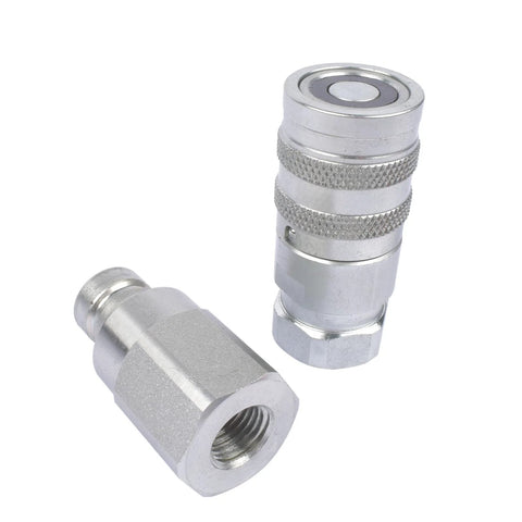 Pair of silver 1/4 inch NPT hydraulic quick-connect fittings; knurled body and threaded female adapter